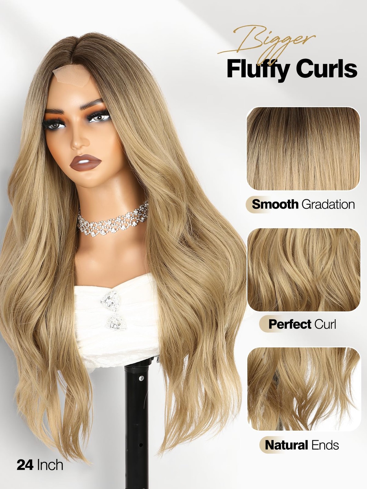 Long Ombre Blonde Wavy Wig for Women Middle Part Curly Natural Hairline Gluel…