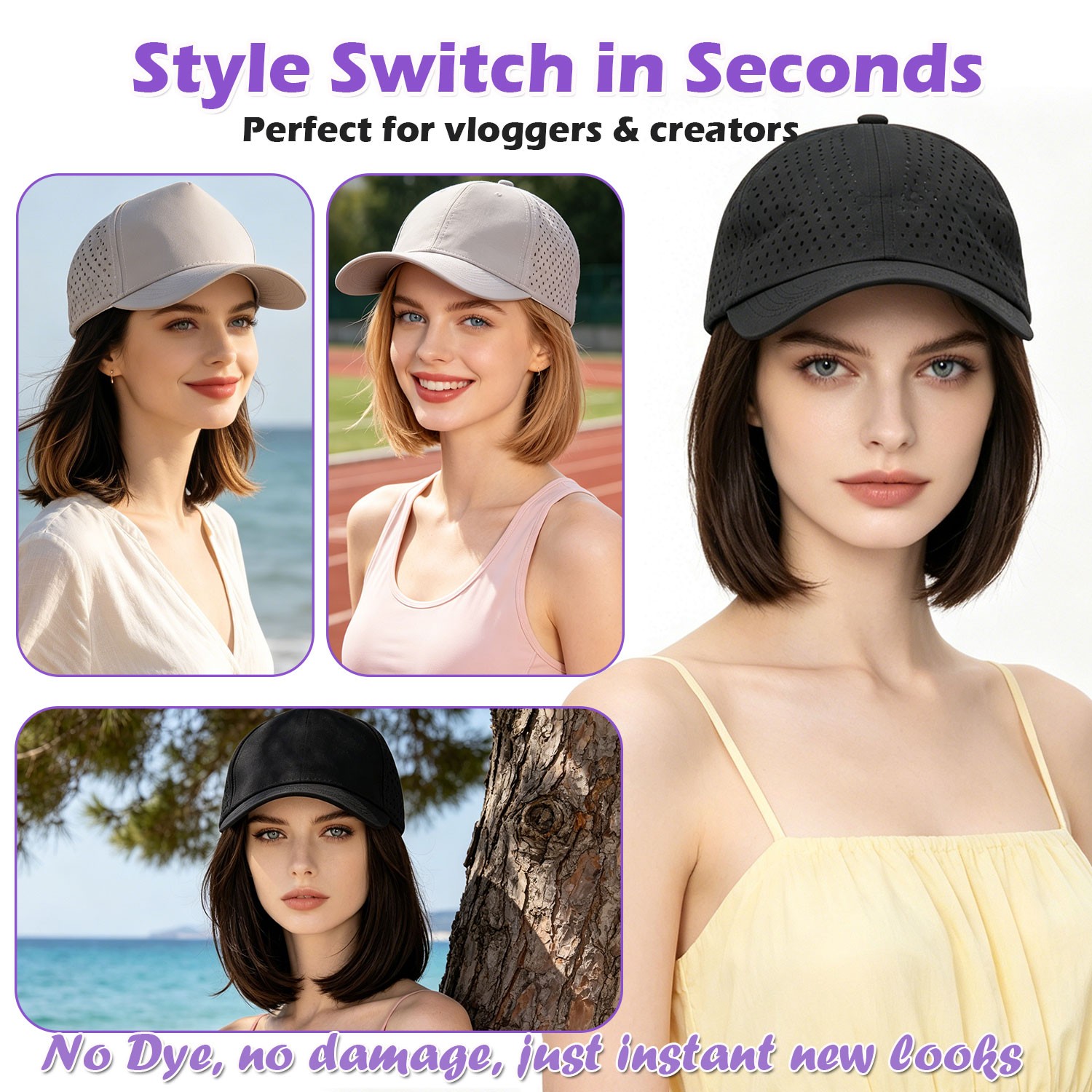 USA Women Baseball Cap with Synthetic Wig Straight Full Wigs Hat for Natural Use