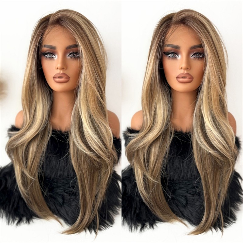 Brown Mixed Golden Blonde Balayage 100% Human Hair Lace Front Wigs Side Part