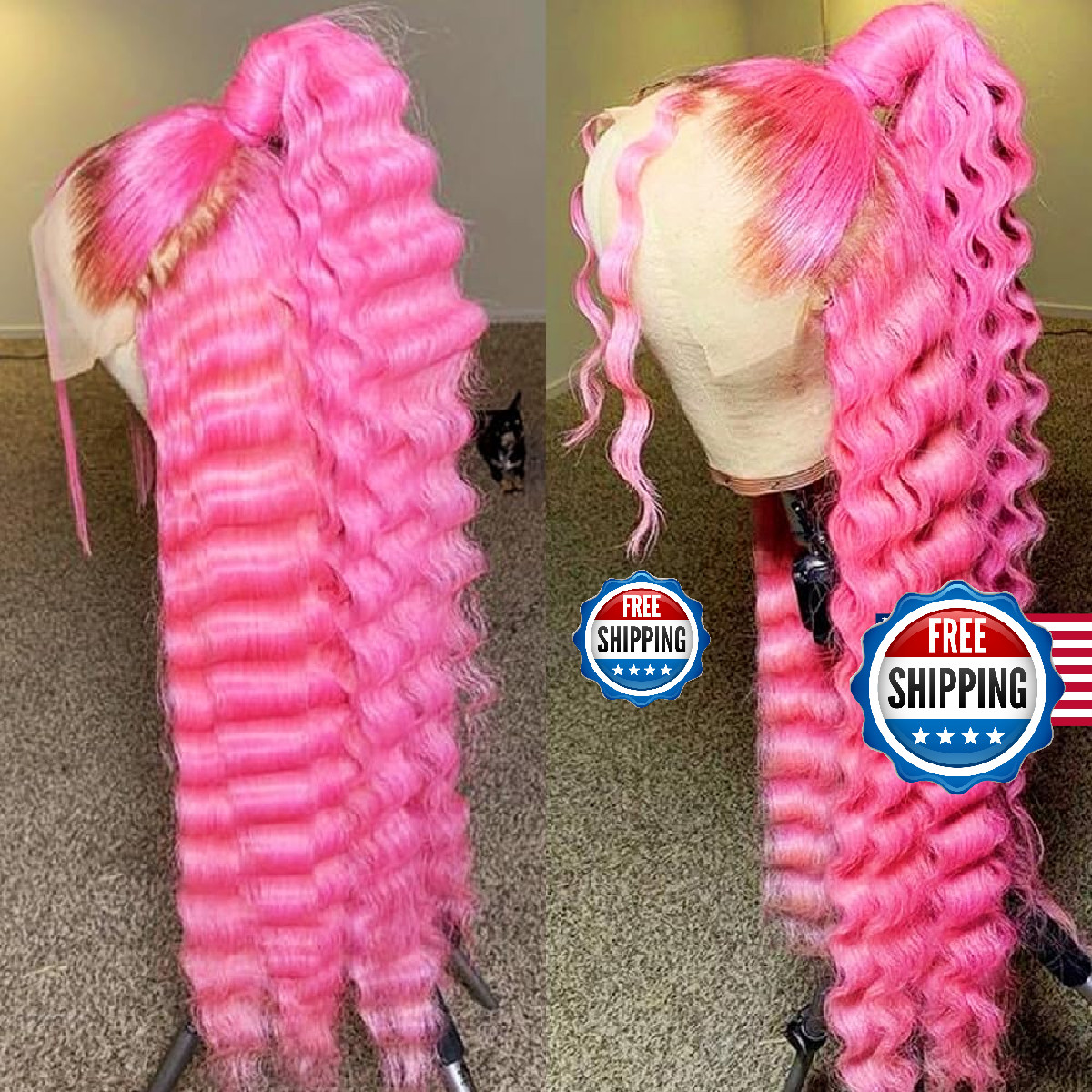 Aubree Pastel Pink Deep Wave Lace Front Wigs Pink Long Kinky Curly Synthetic