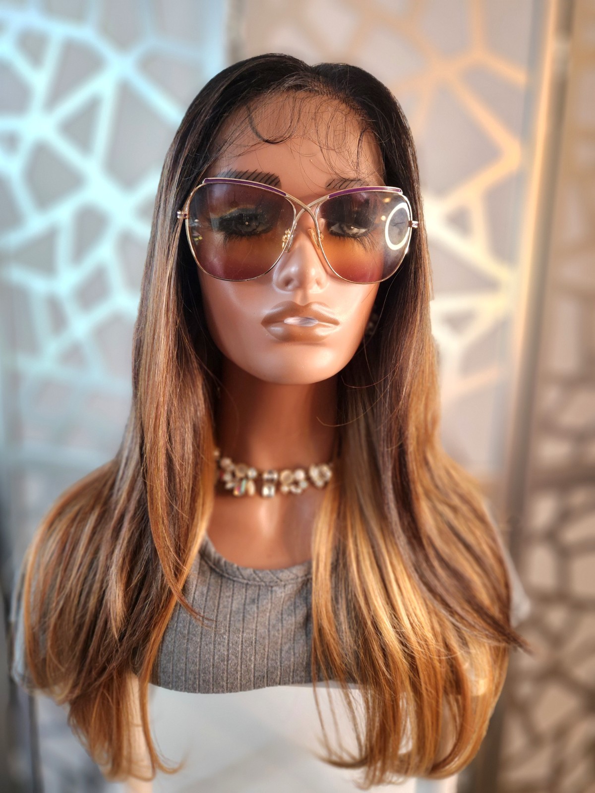 Ombre Blonde Wig Human Hair Blend, Long Straight 13×4 Lace Front Brown Blonde