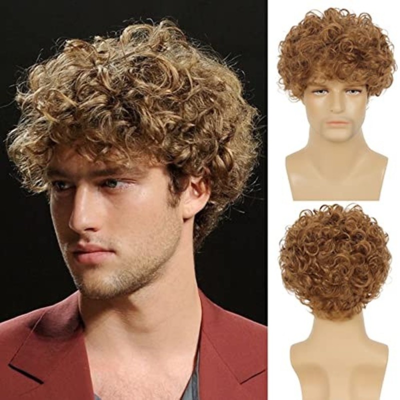 Men’s 12in Short Curly Wig Brown Full Wig Cosplay Synthetic Heat Resistant