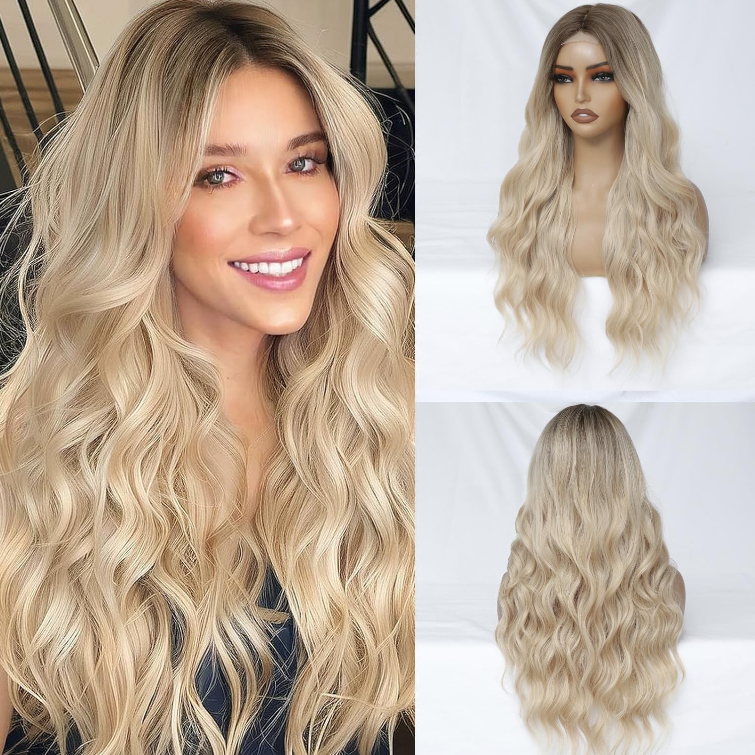 Blonde Wig for Women Long Wavy Blonde Wig Middle Part 26 Inch Wigs Heat Resis…