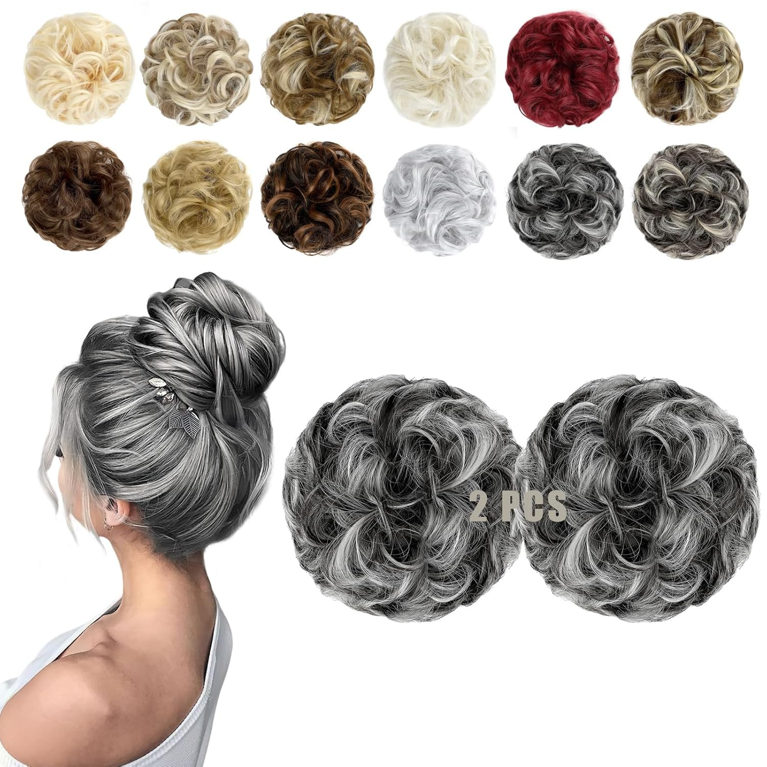 2 PCS Messy Bun Hair Piece Wavy Curly Scrunchies Synthetic Chignon Ponytail Hair