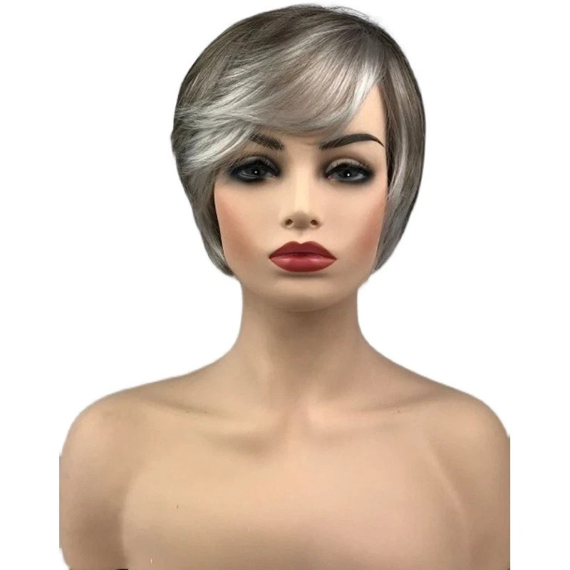 Ladies Human Hair Short Curly Black Grey Wigs Women’s Wig+Wig Cap