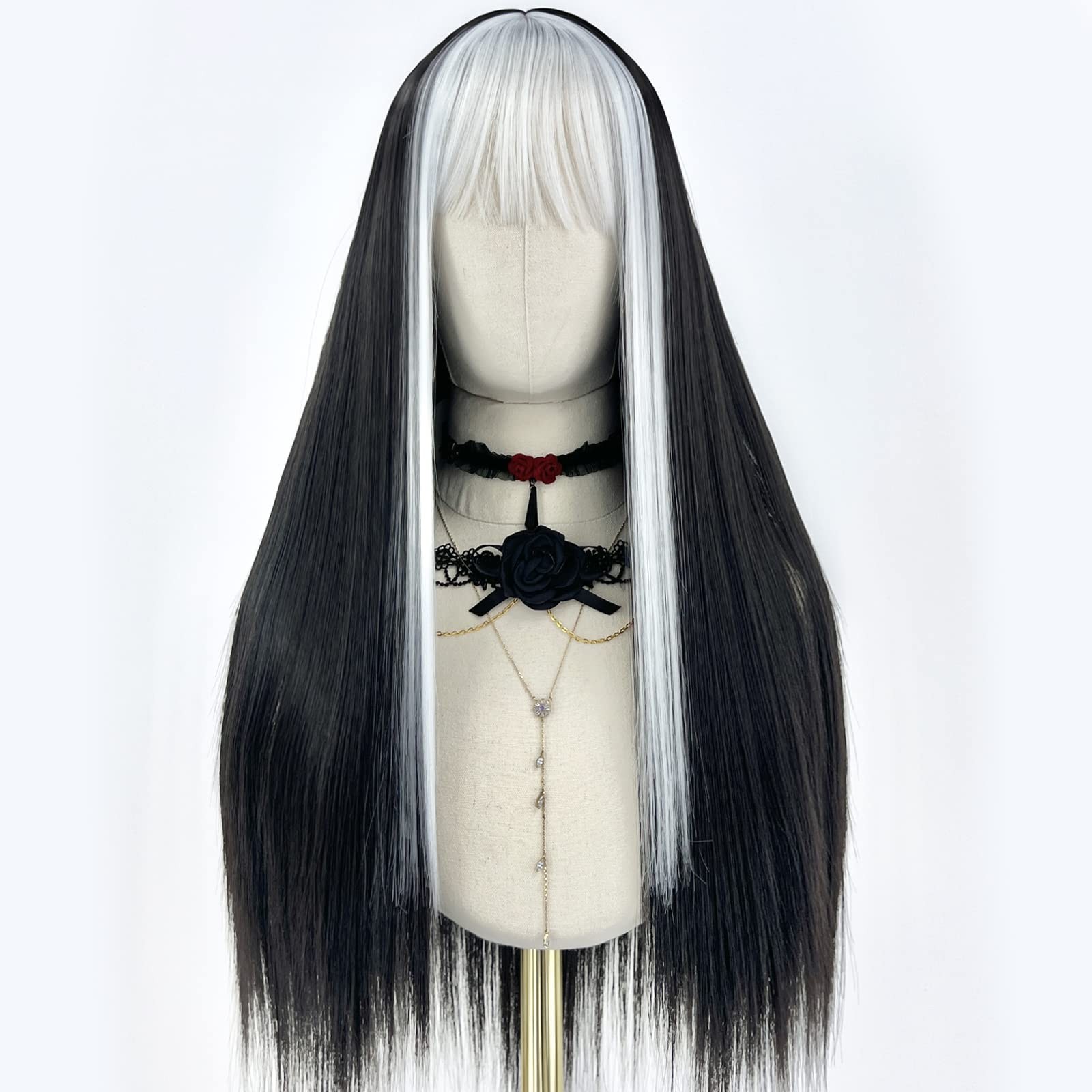 Black and White Wig with Bangs Long Straight Wigs Egirl Wig for Girls Heat Re…