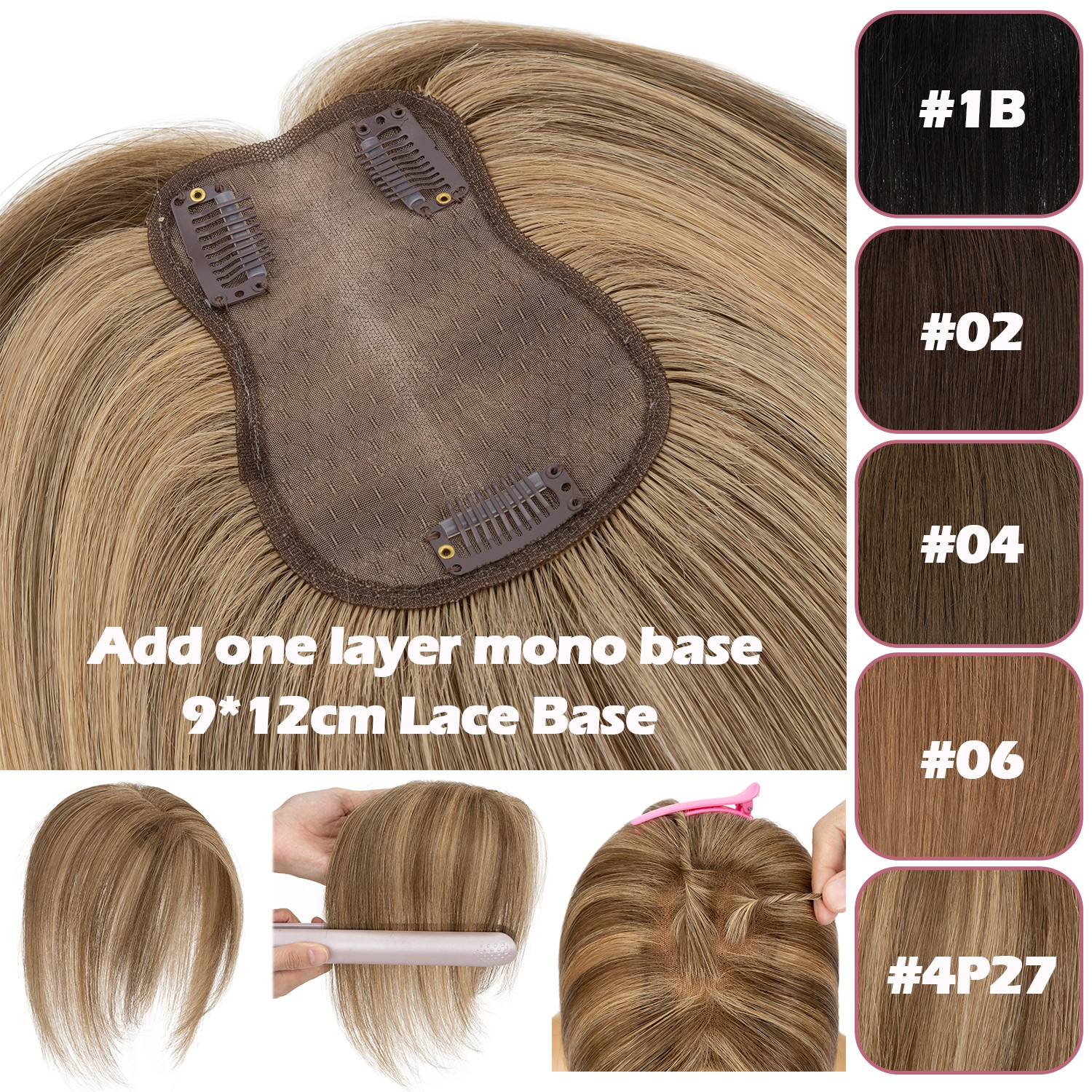 Highlight Clip in Women Lace Topper 100% Remy Human Hair Top Toupee Hairpiece US