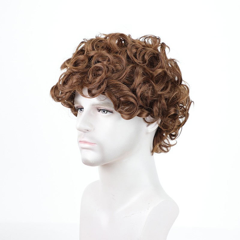 Men’s 12in Short Curly Wig Brown Full Wig Cosplay Synthetic Heat Resistant