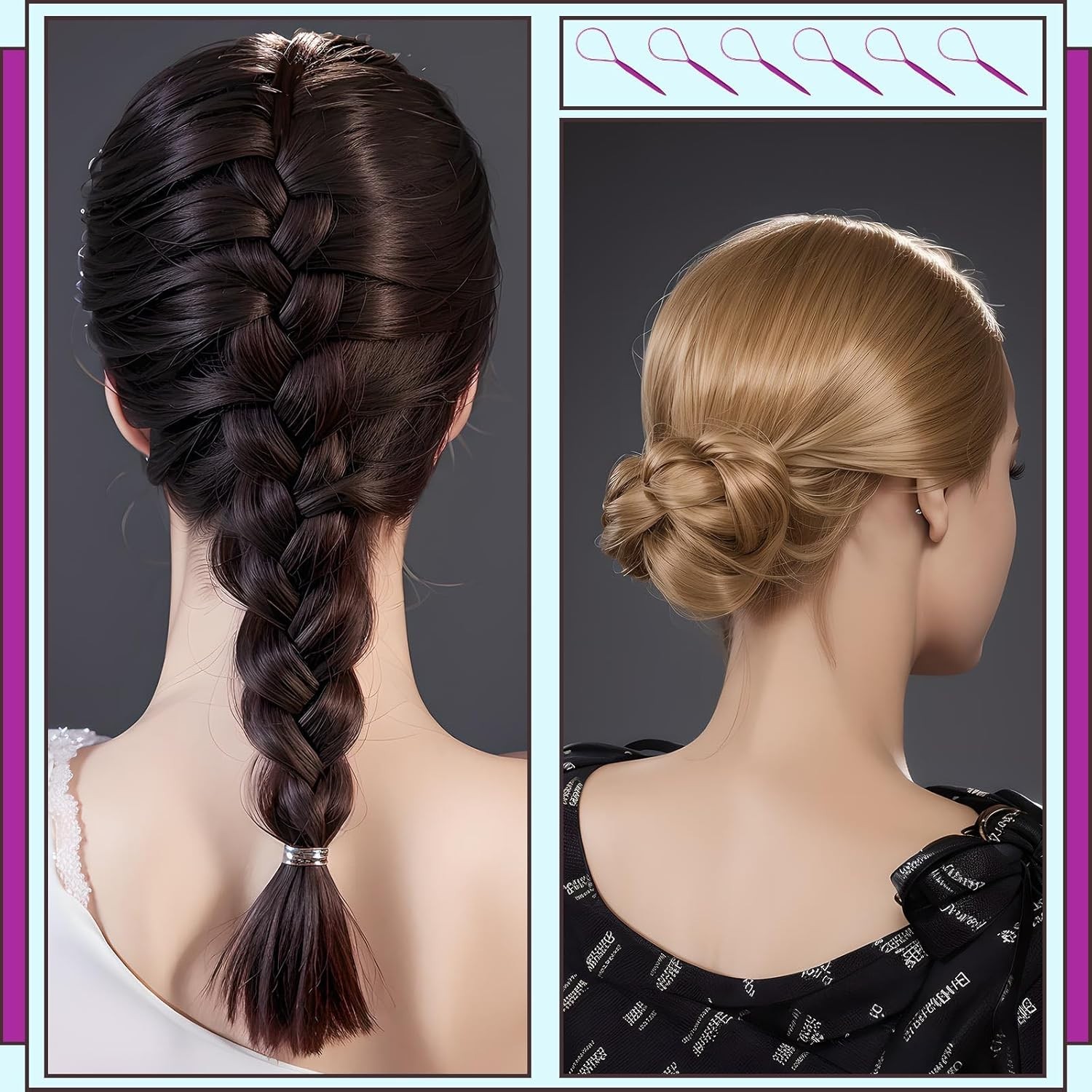 Effortless Hair Braiding: 4pc Purple and Blue Styling Tool Set for Women & Girls