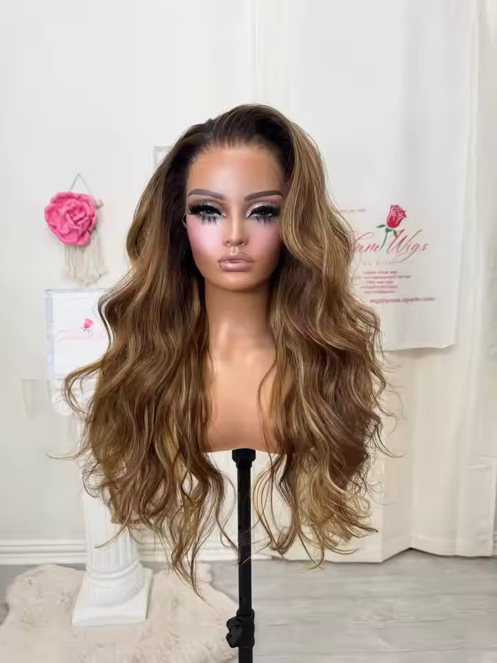 Long Ombre Honey Brown Balayage 100% Human Hair Lace Front Wigs Pre Plucked