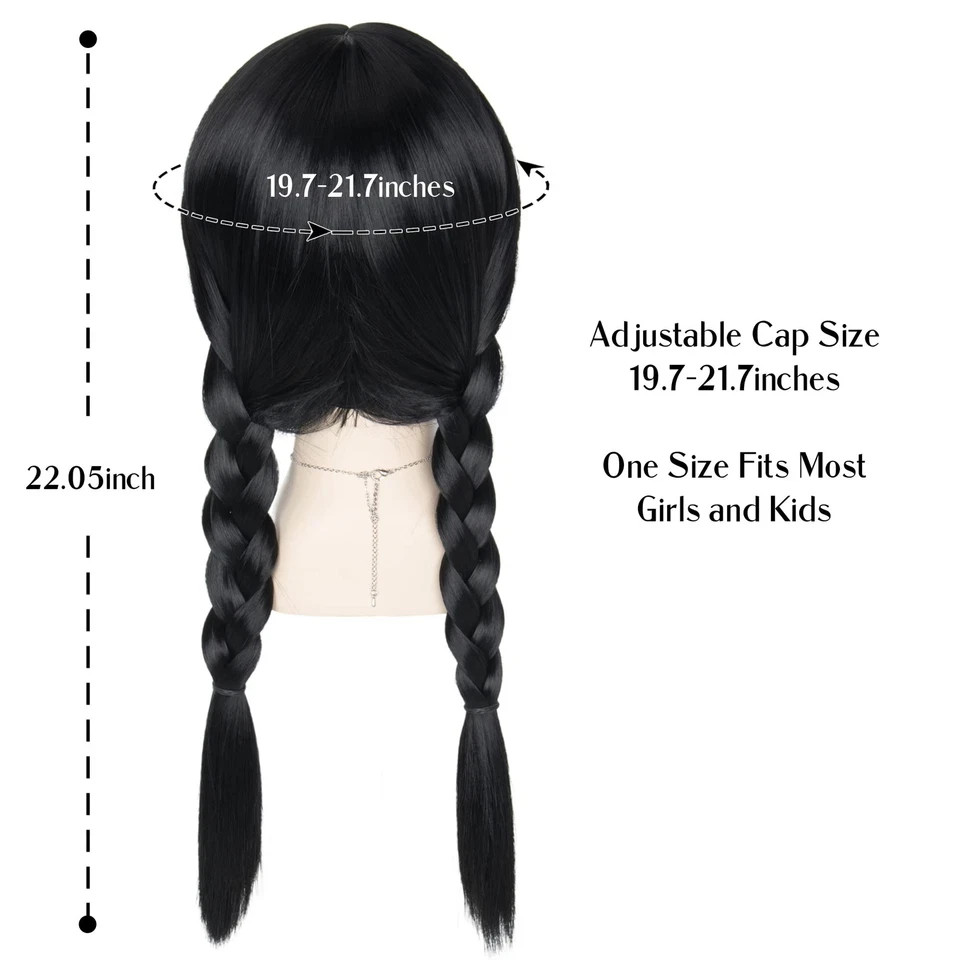 Long Straight Black Braids Wig with Bangs for Girls Child Halloween Party Cos…