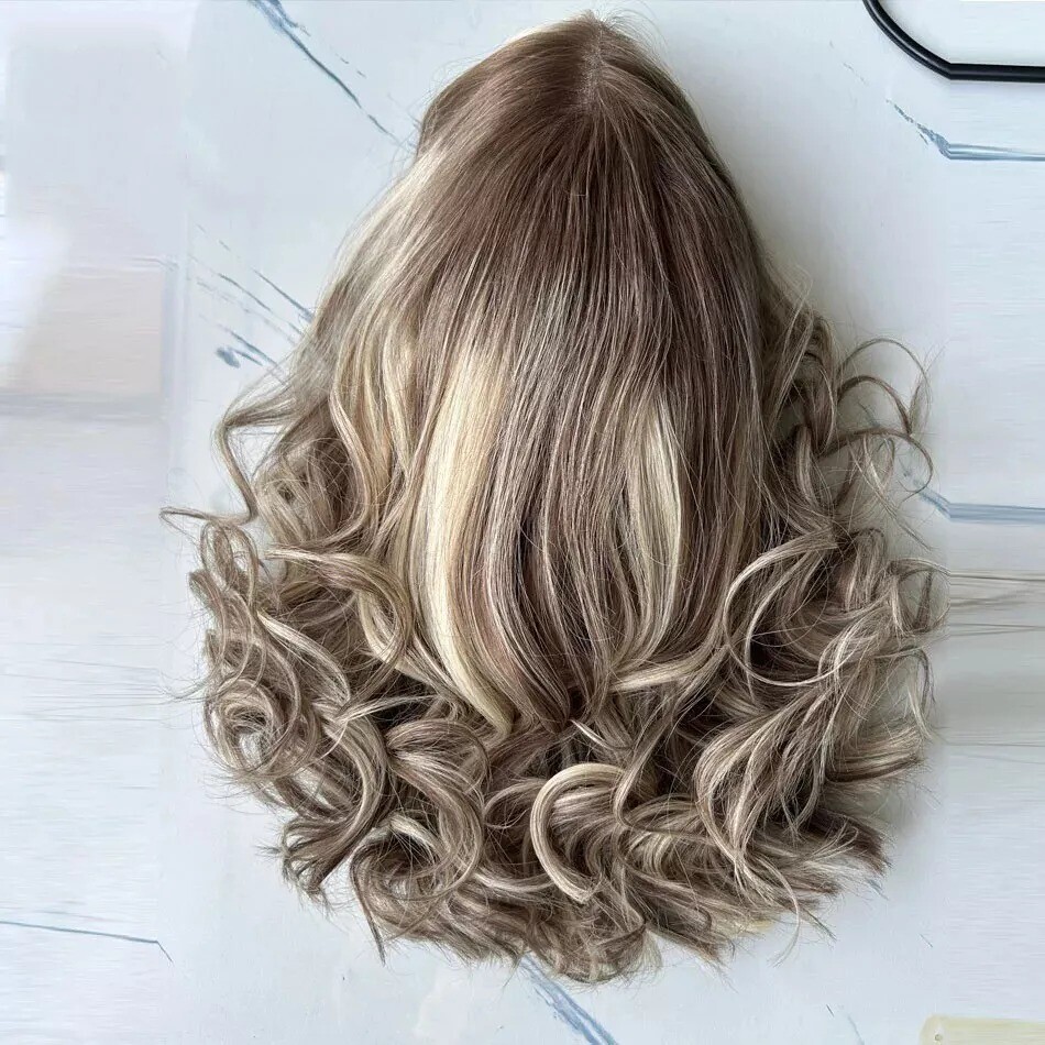 Ombre Ash Blonde Wavy Highlight 100% Human Hair Lace Front Wig For Women 12 Inch