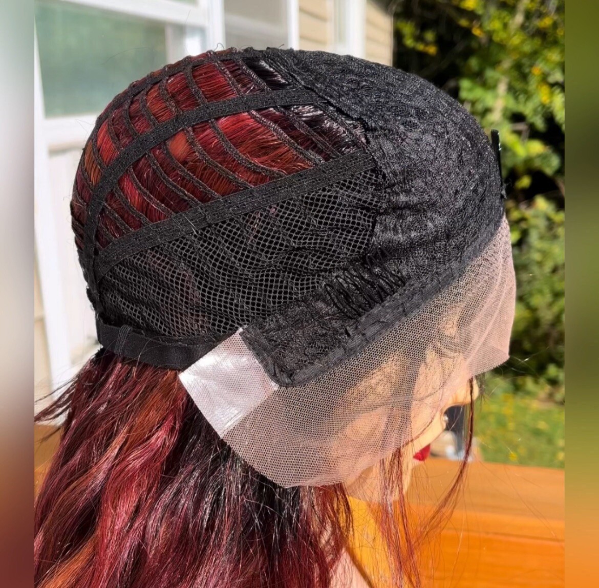 Long wavy Dark Roots To Mahogany Human Hair Blend Lace Front Daily Wig.
