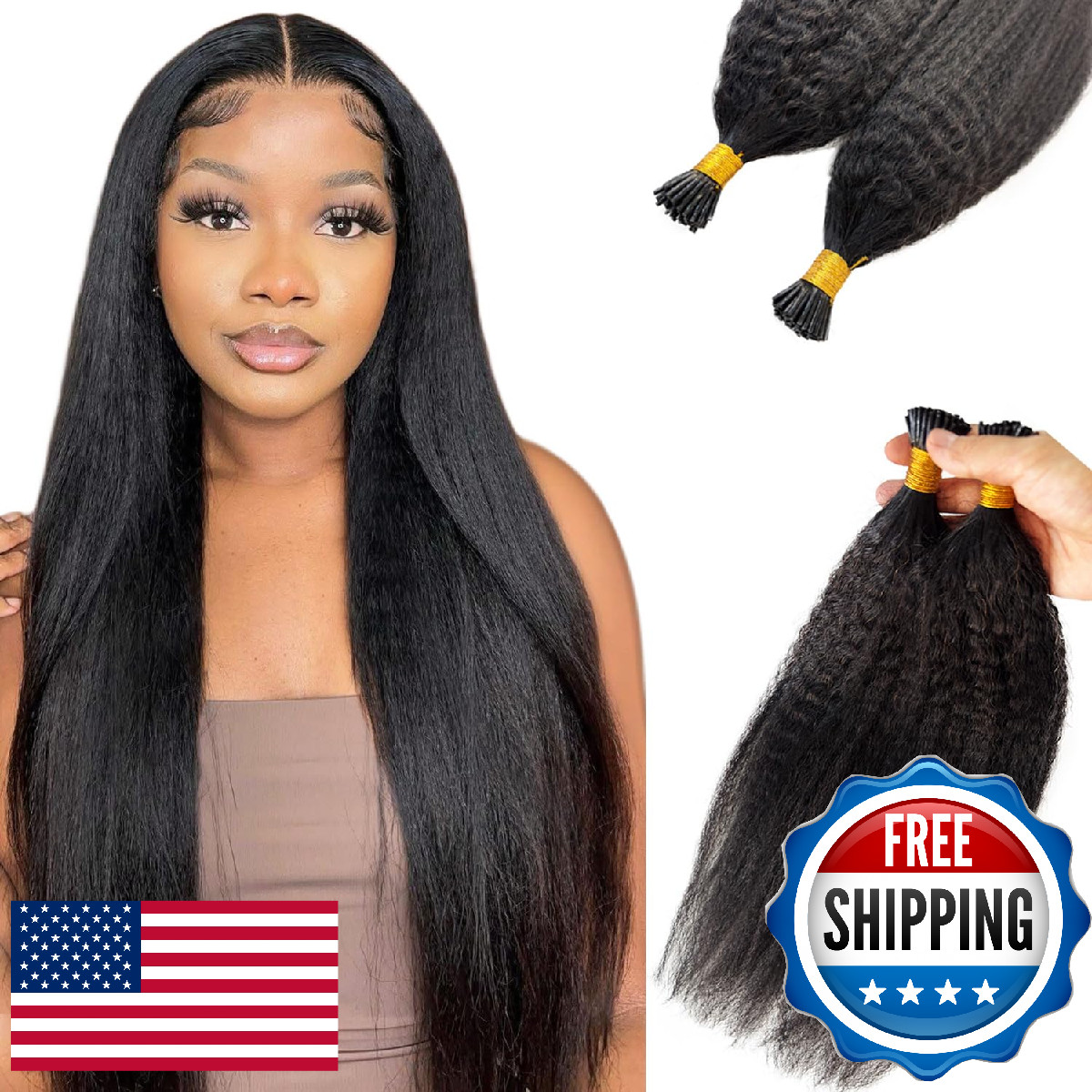 Kinky Straight I Tip Hair Extensions Real Human Hair Black I Tip Human Hair Exte