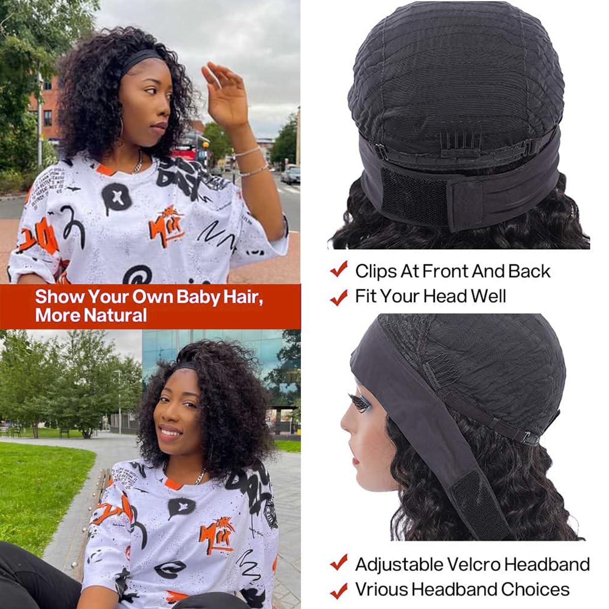 12”Water Wave Headband Human Hair 150% Density Afro Wigs for Black Natural C…