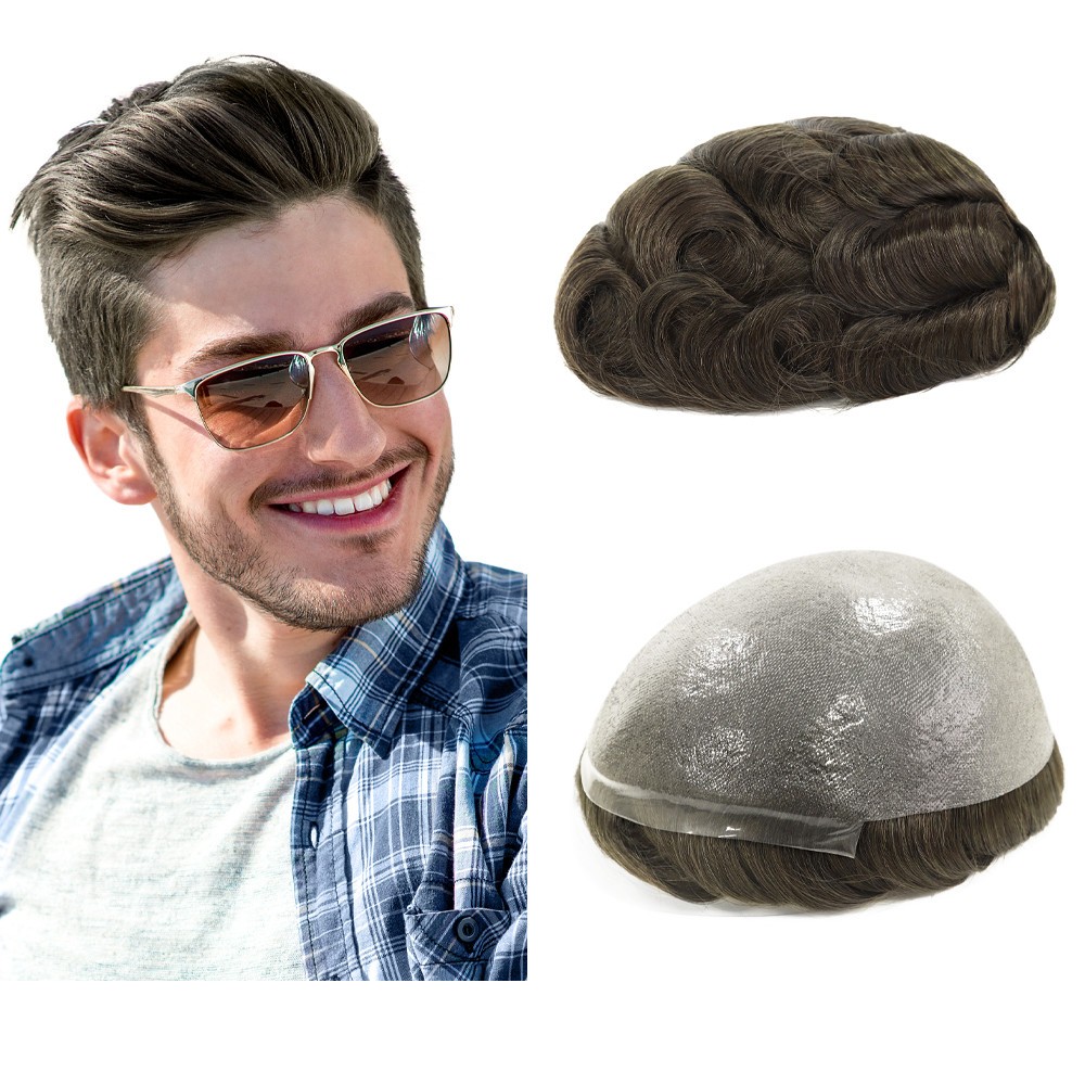 Toupee for Men Human Hair Replacement System 0.05mm Thin Skin Hairpieces BIO #4