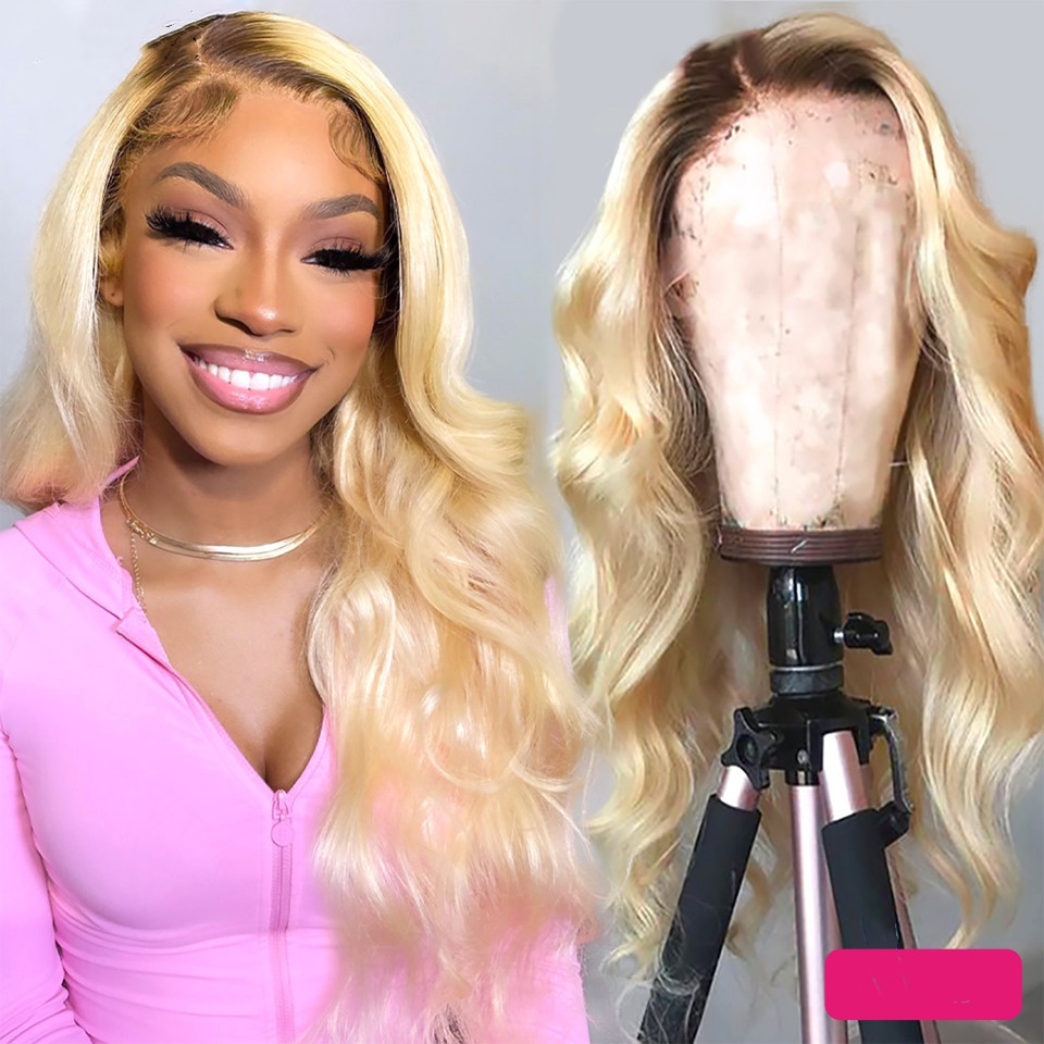 Pre Plucked Lace Frontal Wigs 150% Density Ombre 1B/613 Color Blonde Body Wave