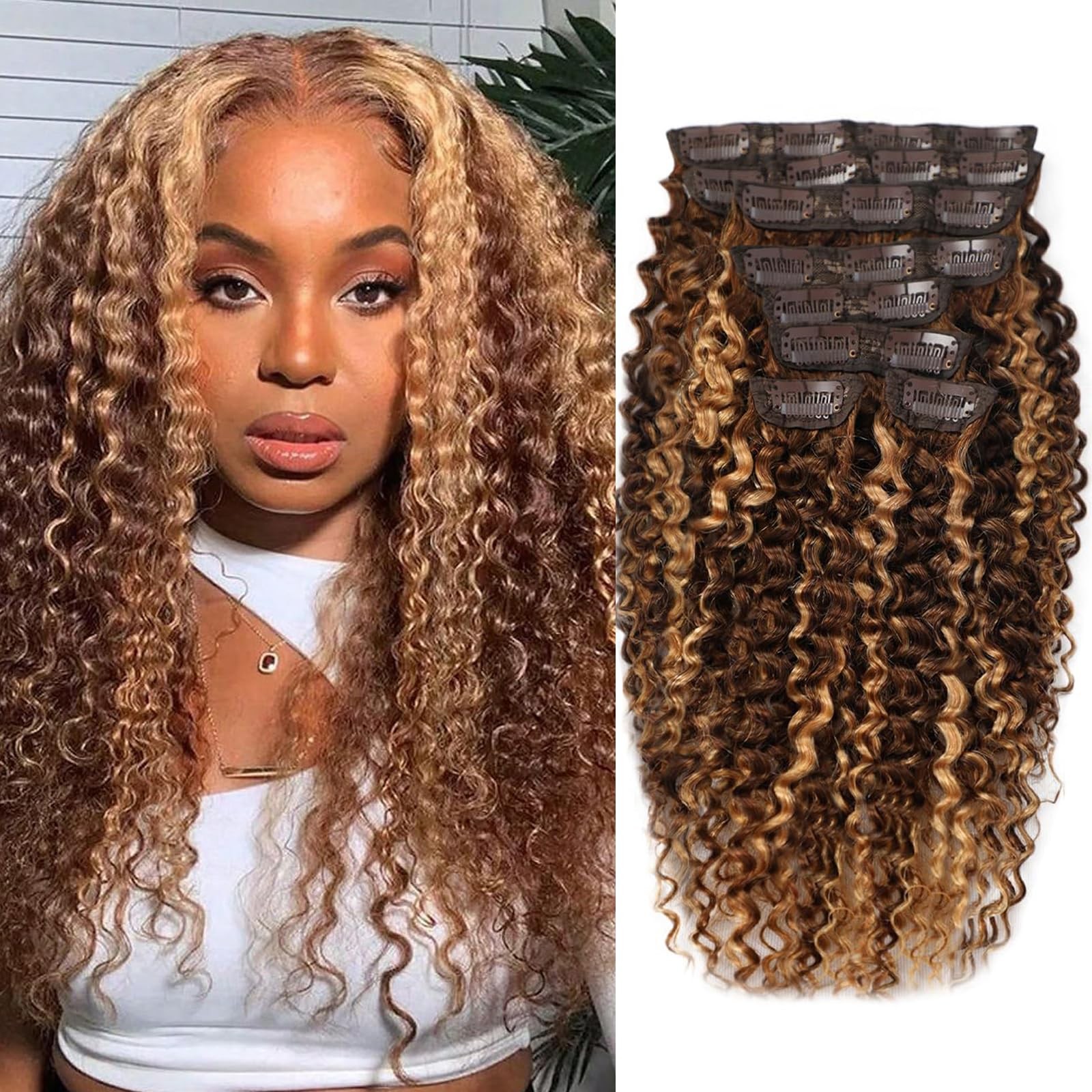 Sunkasa 24 Inch Highlight P4/27 Kinky Curly Clip Ins Human Hair 110G 8Pcs 20