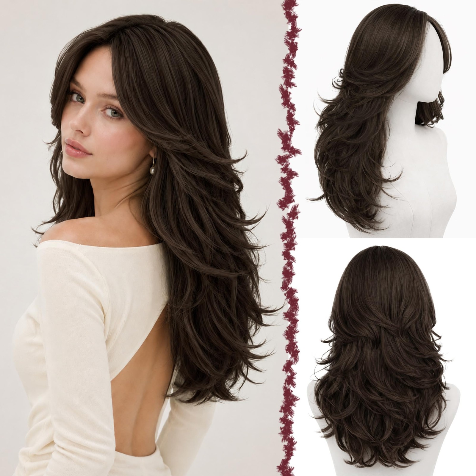 Dark Brown Layered Wig with Bangs, Long Wavy Wig with Curtain Bangs(Can Be Tr…