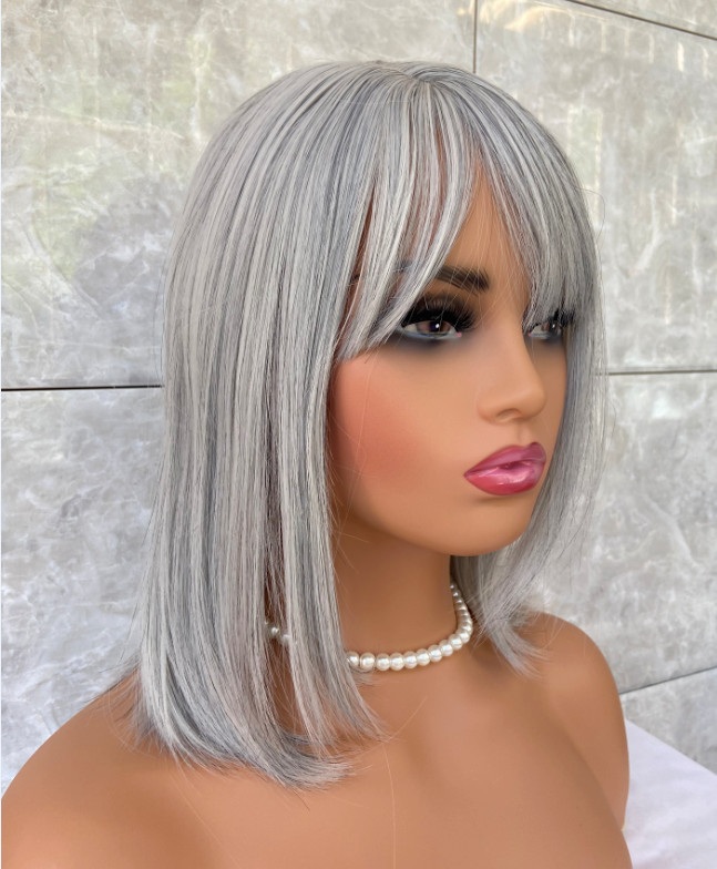 Salt and Pepper Hair Gray Mix Straight Synthetic Hair Wigs Women Soft Natural