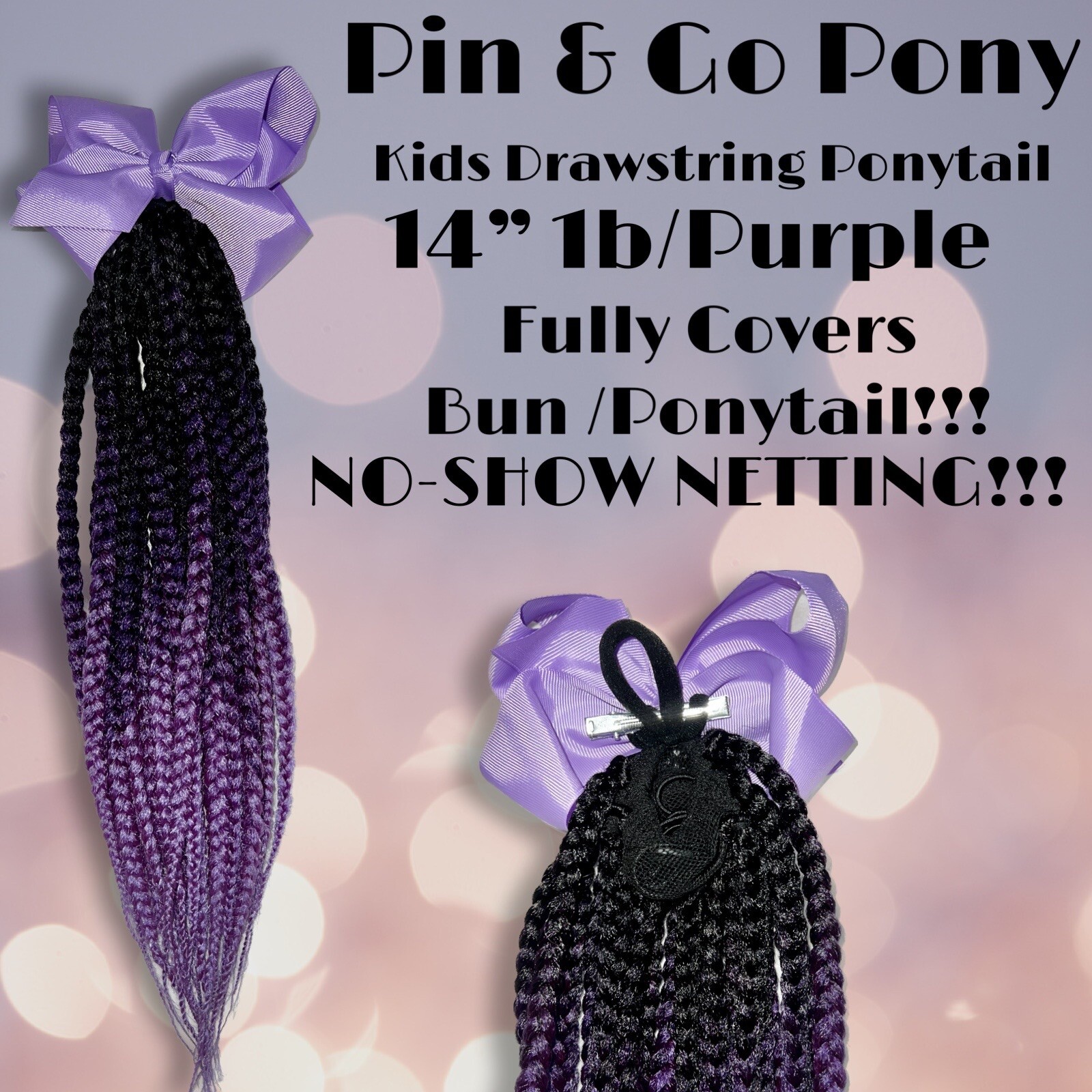 14” BRAIDED DRAWSTRING PONYTAIL FOR KIDS – 1b/Ombré Purple w/ Purple Bow