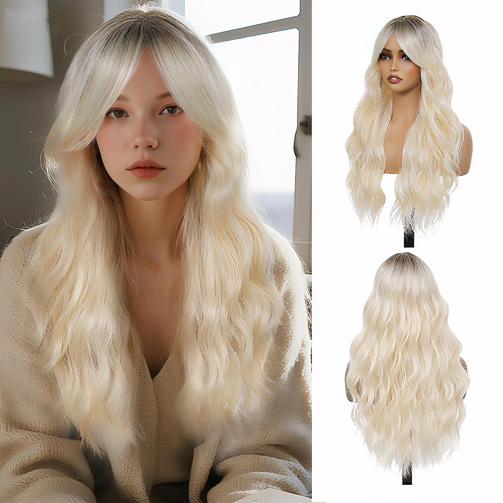 Long Wavy Ombre Blonde Wig with Curtain Bangs for Women 26 Inch Blonde With D…