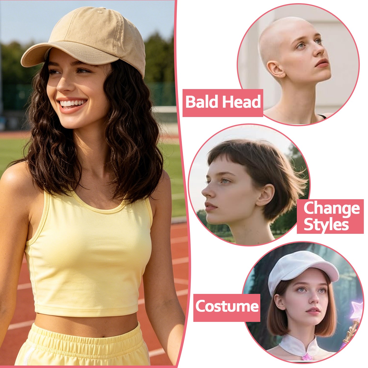 Instant Style 8″ Curly Wavy Cap Wig Adjustable Baseball Hat with Attached Hair M