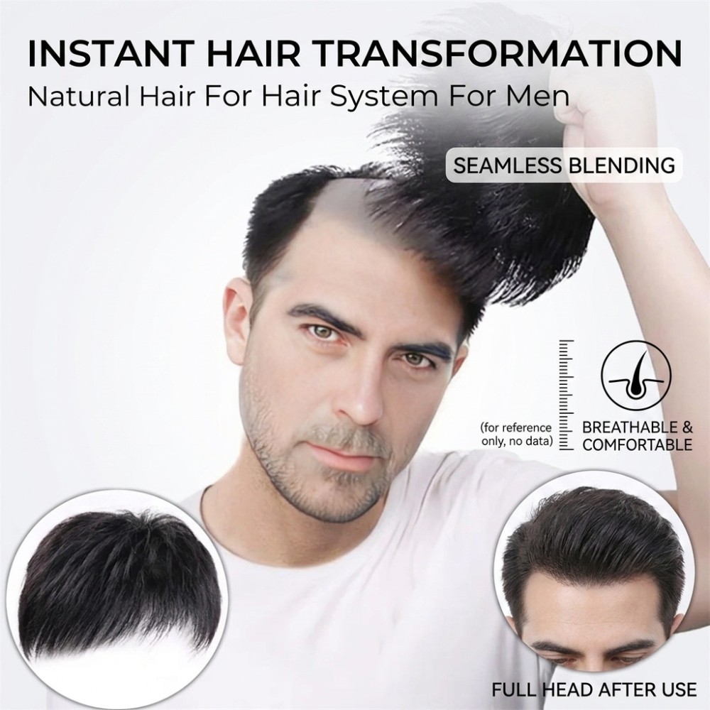 Men’s Hair Topper Invisible Breathable Mesh Hairpiece Natural Black 2 Pieces