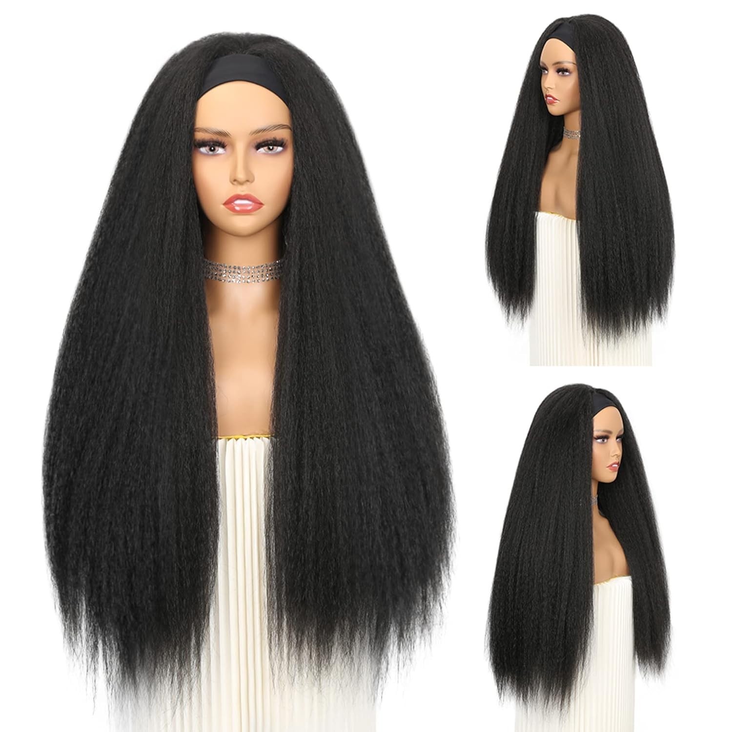 26 Inches Kinky Straight Headband Wig for Women Yaki Straight Wigs with Black…
