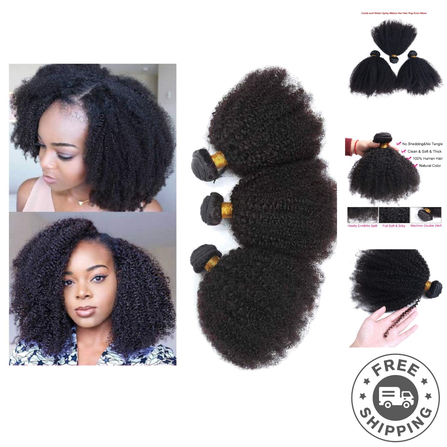 Afro Kinky Curly Hair – 100% Human Hair Bundles (3 Pack) for Full Volume