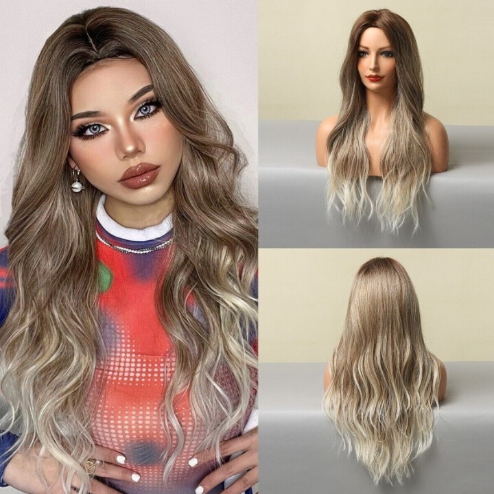 Fanshion Long Wavy Ombre Brown Light Blonde Synthetic Wigs for Women Hair Wig US