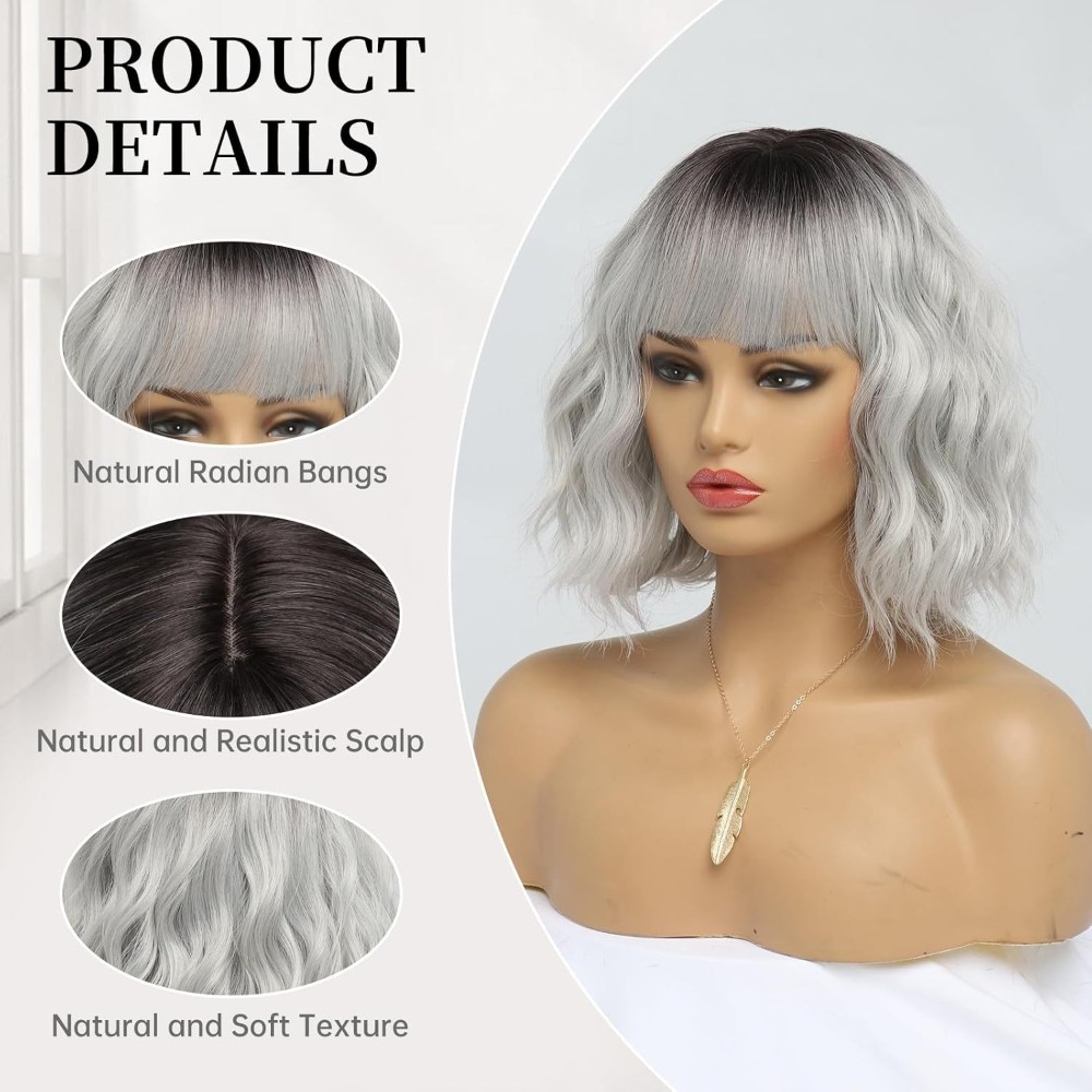 Short Wavy Curly Bob Wig with Bangs Heat Resistant Syntheticn for Women Cosplay