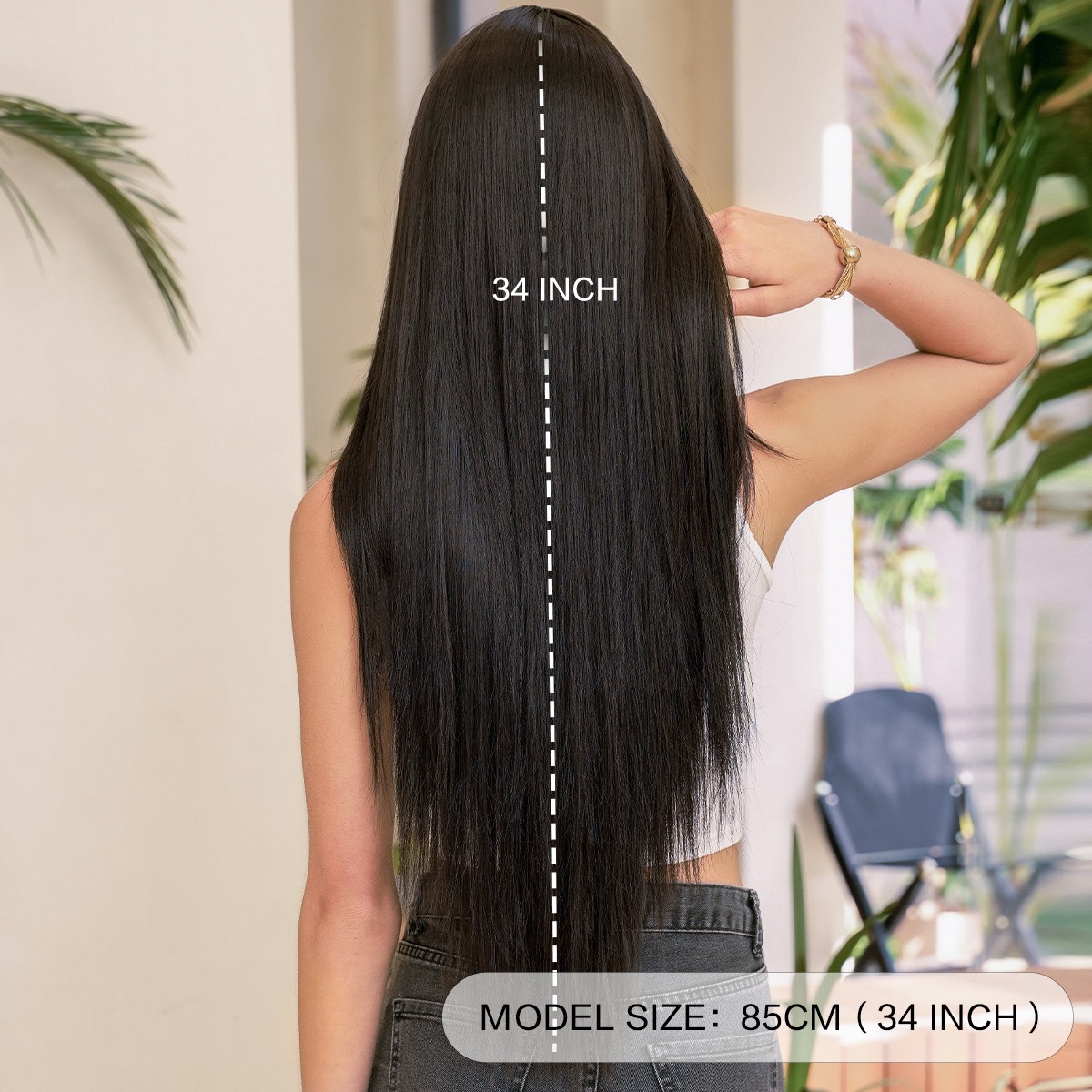 Black Extra Long Straight Full Head Wig With Bangs High Quality Synthetic Hair