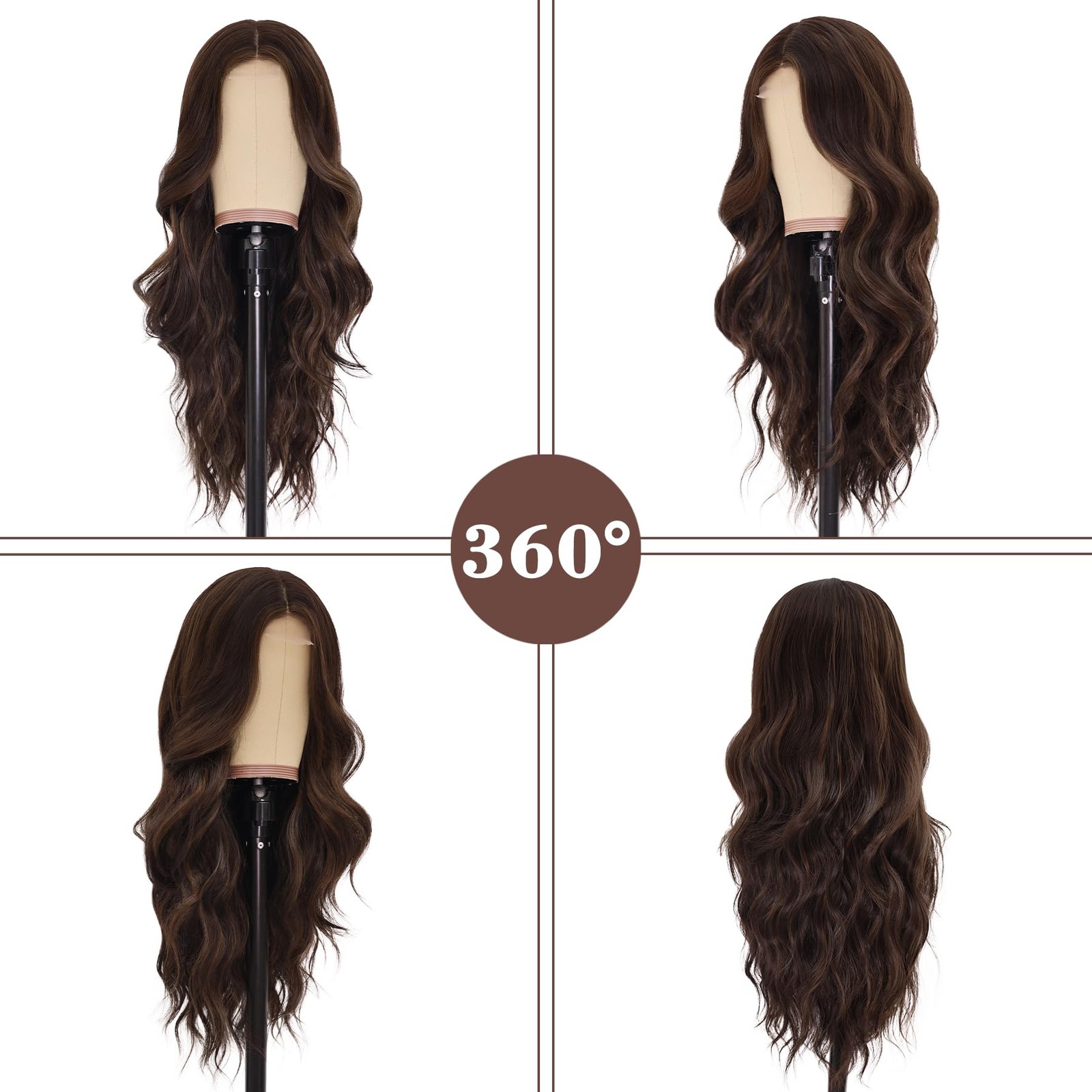 Long Brown Wavy Wig for Women 26 Inch Middle Part Curly Wavy Wig Natural Look…