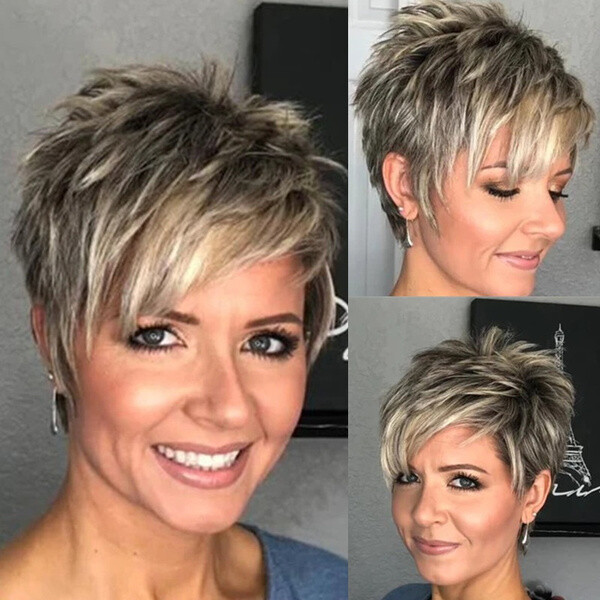 Women Pixie Cut Wigs Ash Blonde Mixed Gray Short Pixie Haitcuts Synthetic Wigs