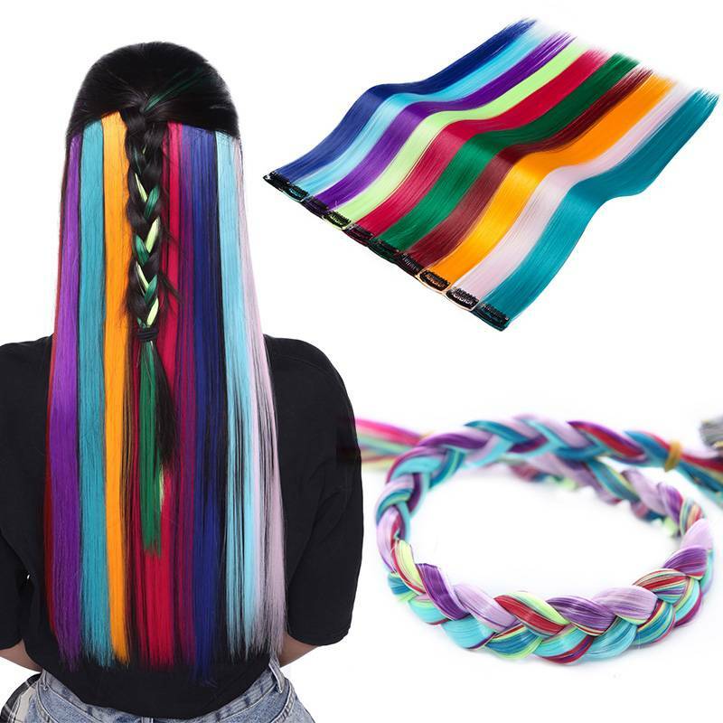 Colored Streaks Strands Rainbow Hair Extensions Clip In Long Wavy Straight Piece