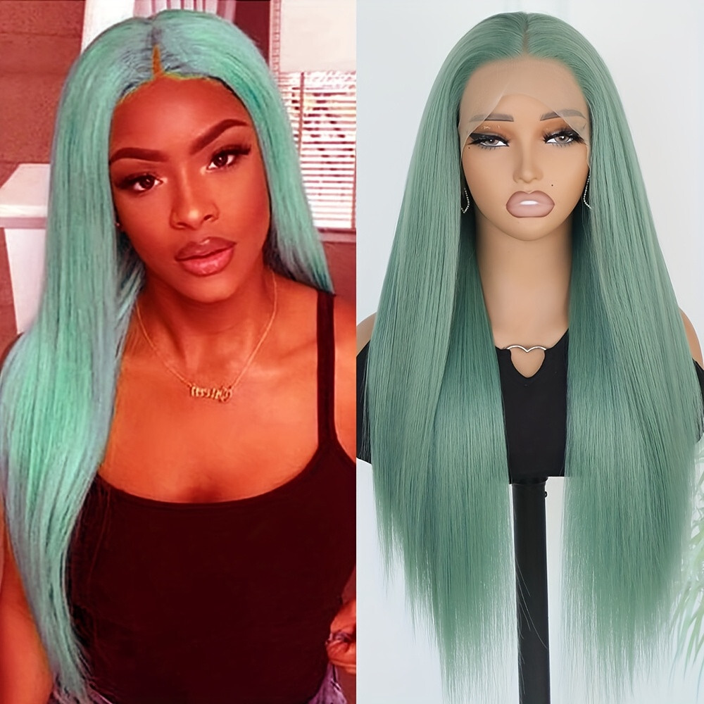 Long Straight Lace Front Wigs Heat Safe Green Hair Women Daily Party Cosplay Use