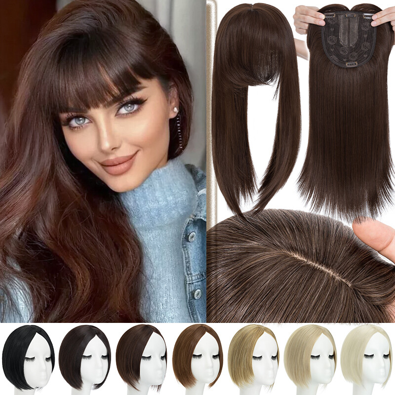 100% Real As Human Hair Clip In Topper Top Cover Women Toupee Extensions W/Bangs