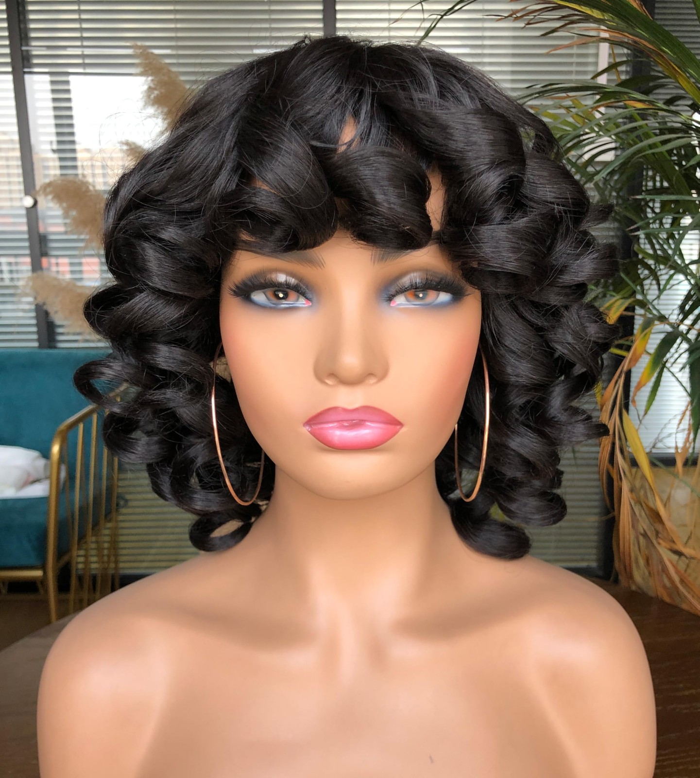Short Curly Wigs for Black Women Afro Kinky Curly Wig with Bangs Loose Cute C…
