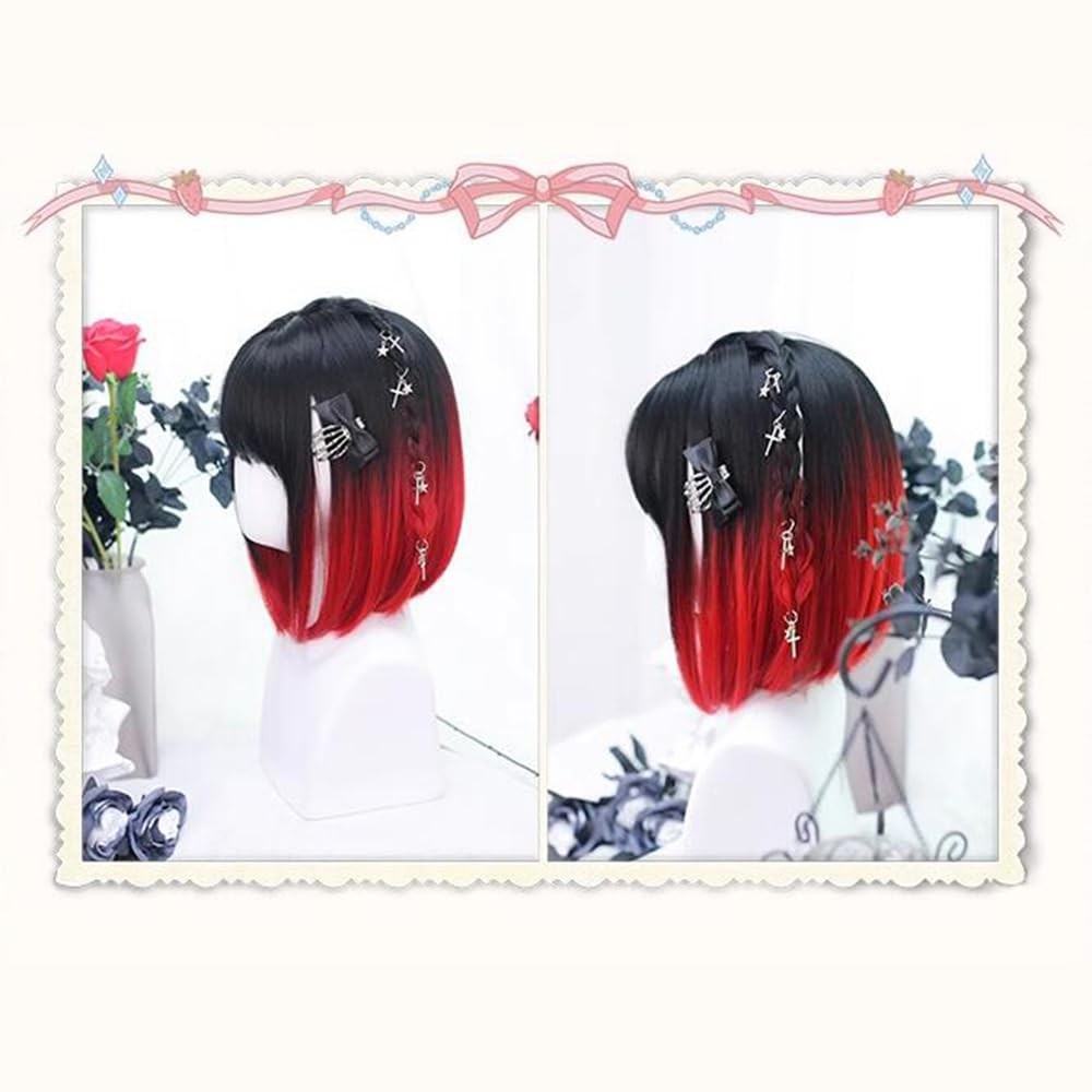 Black and Red Ombre Lolita Girls Short Bob Hair with Bangs Japanese Natural H…