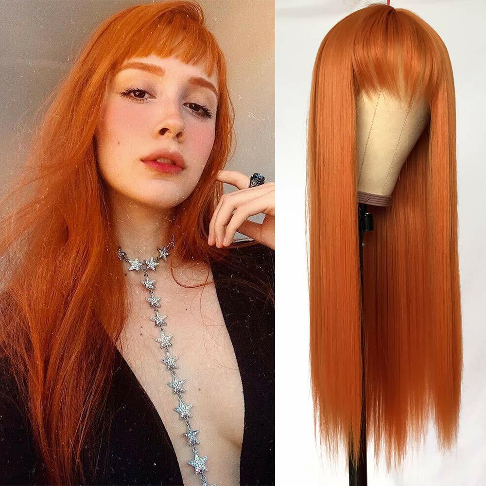 Long Synthetic Half Black Green / Yellow Blue / Orange Straight Wig with Bangs