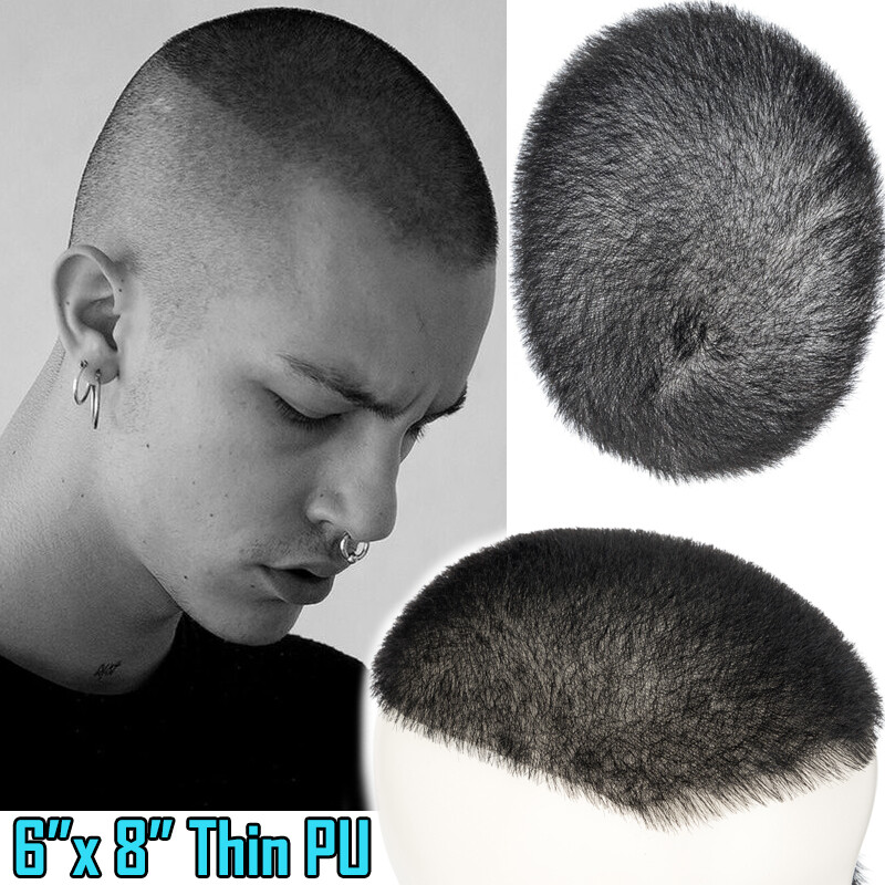 Short Buzz Cut Mens Toupee 100% Real Human Hair System PU Skin Hairpiece Wigs US