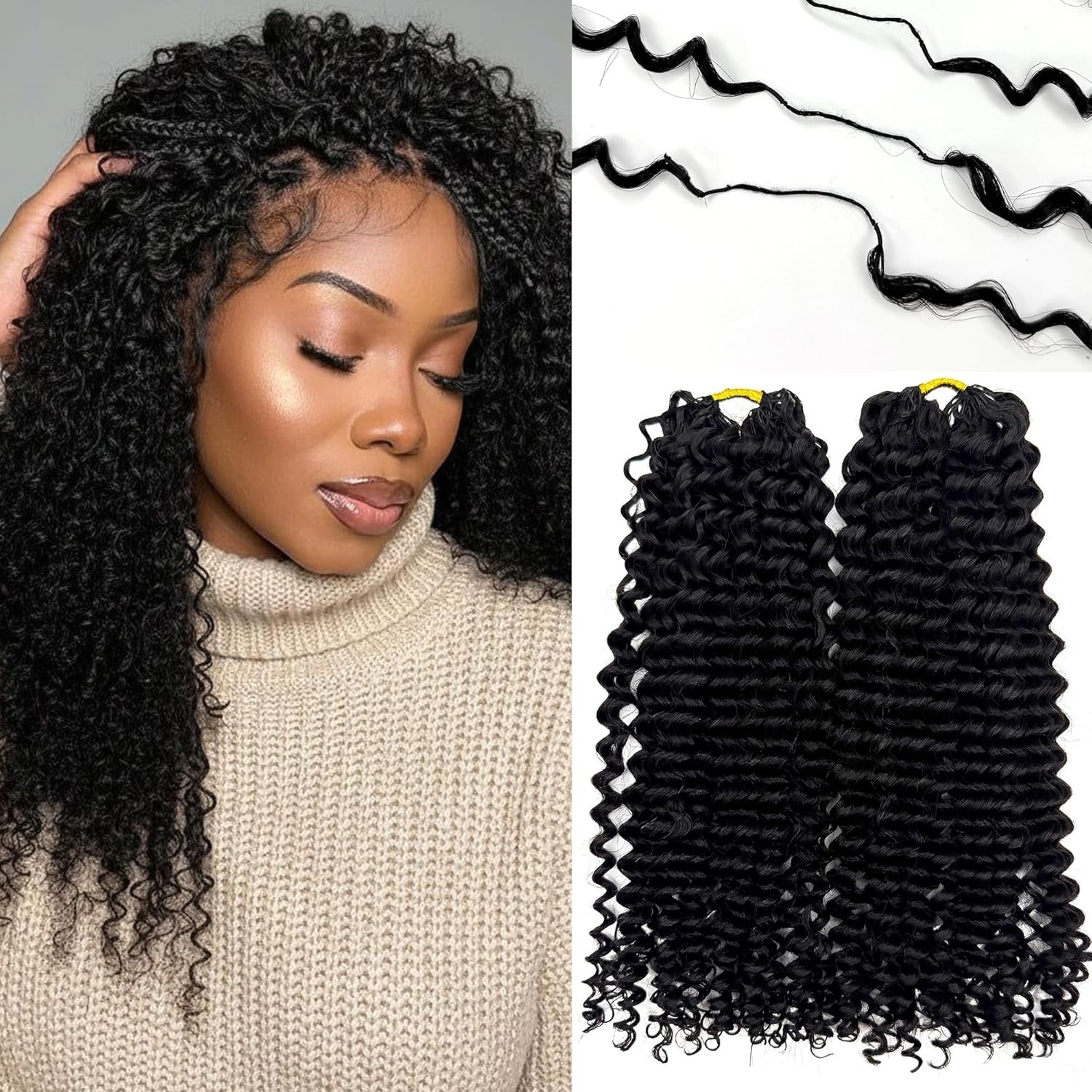 20″ 120g Human Hair Deep Curly Feather Crochet Natural Black Pre-Looped