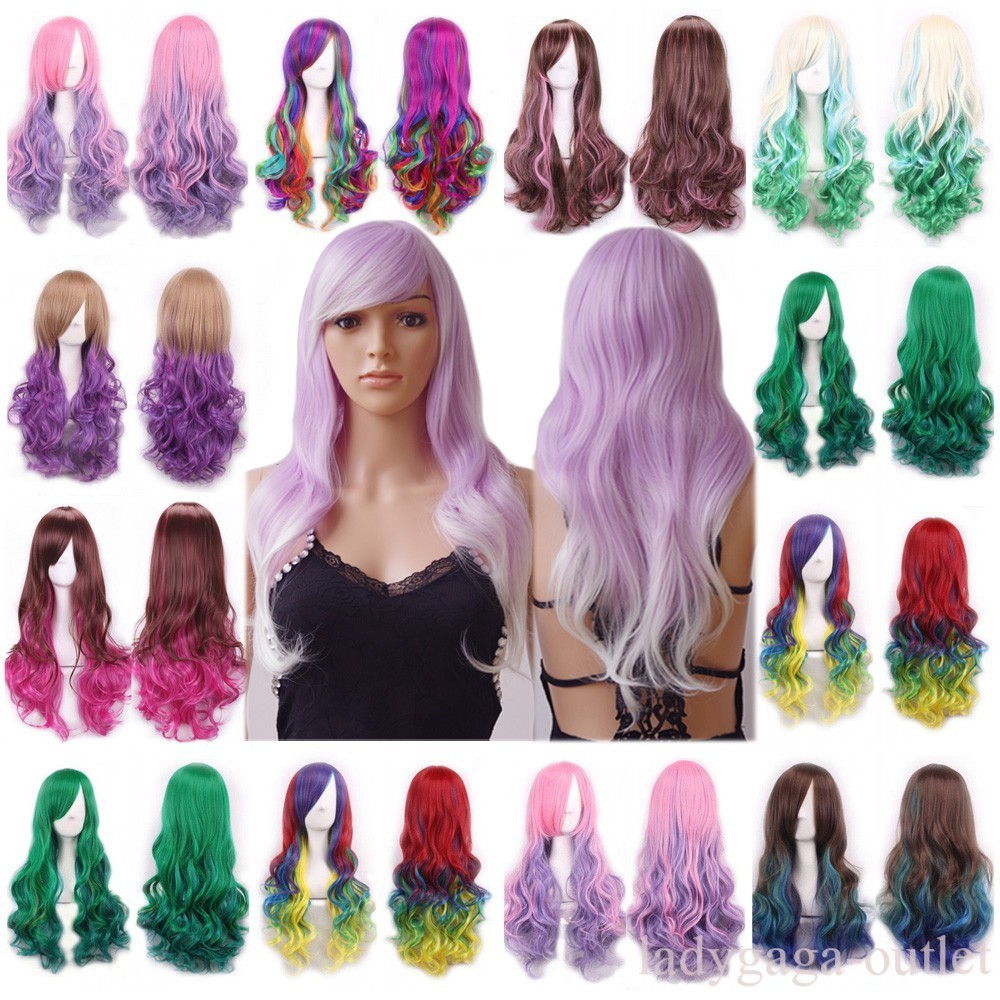 Rainbow Ombre Hair Wig Long Curly Wavy Women Lady Pastel Cosplay Dress Full Wigs