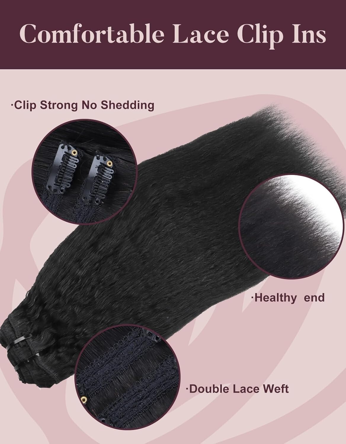 Clip in Hair Extensions with Lace Weft Natural Black, Human Hair Extensions Remy