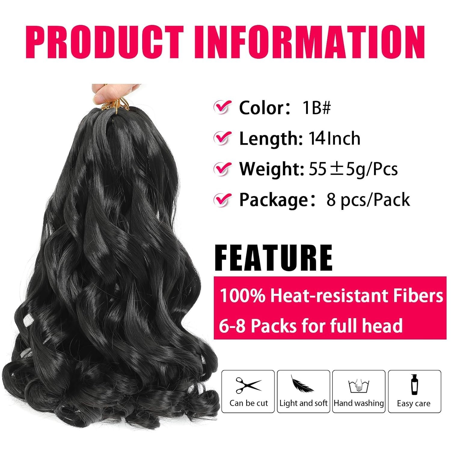 French Curl Braiding Hair 14” Natural Black – Pre-Stretched Curly Braids 8 Packs