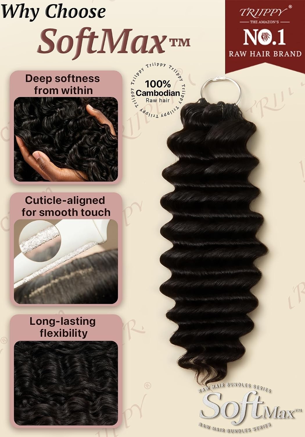 Triippy 100% SoftMAX Cambodian Raw Human Hair Deep Wave 16″ 60g Miracle Knots