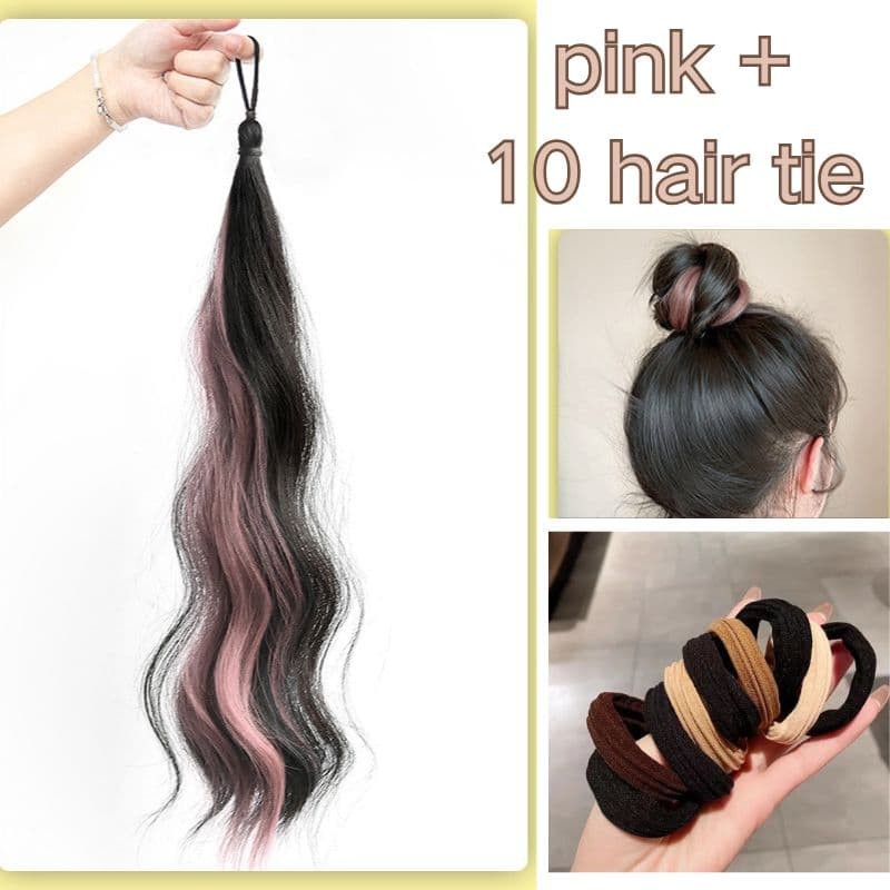 Wavy Ponytail Hair Extension Elastic Tie Dye Braids with 10 PCS Rubber Hair Ties