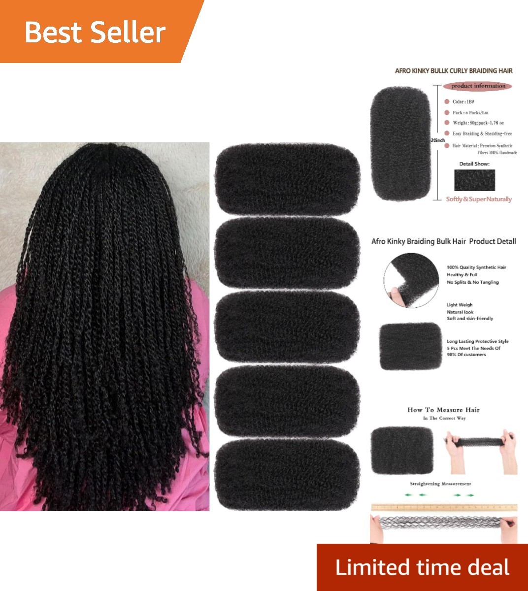 Hypoallergenic 20 Inch Afro Kinky Curly Bulk Hair – 5 Bundles Perfect for Styles