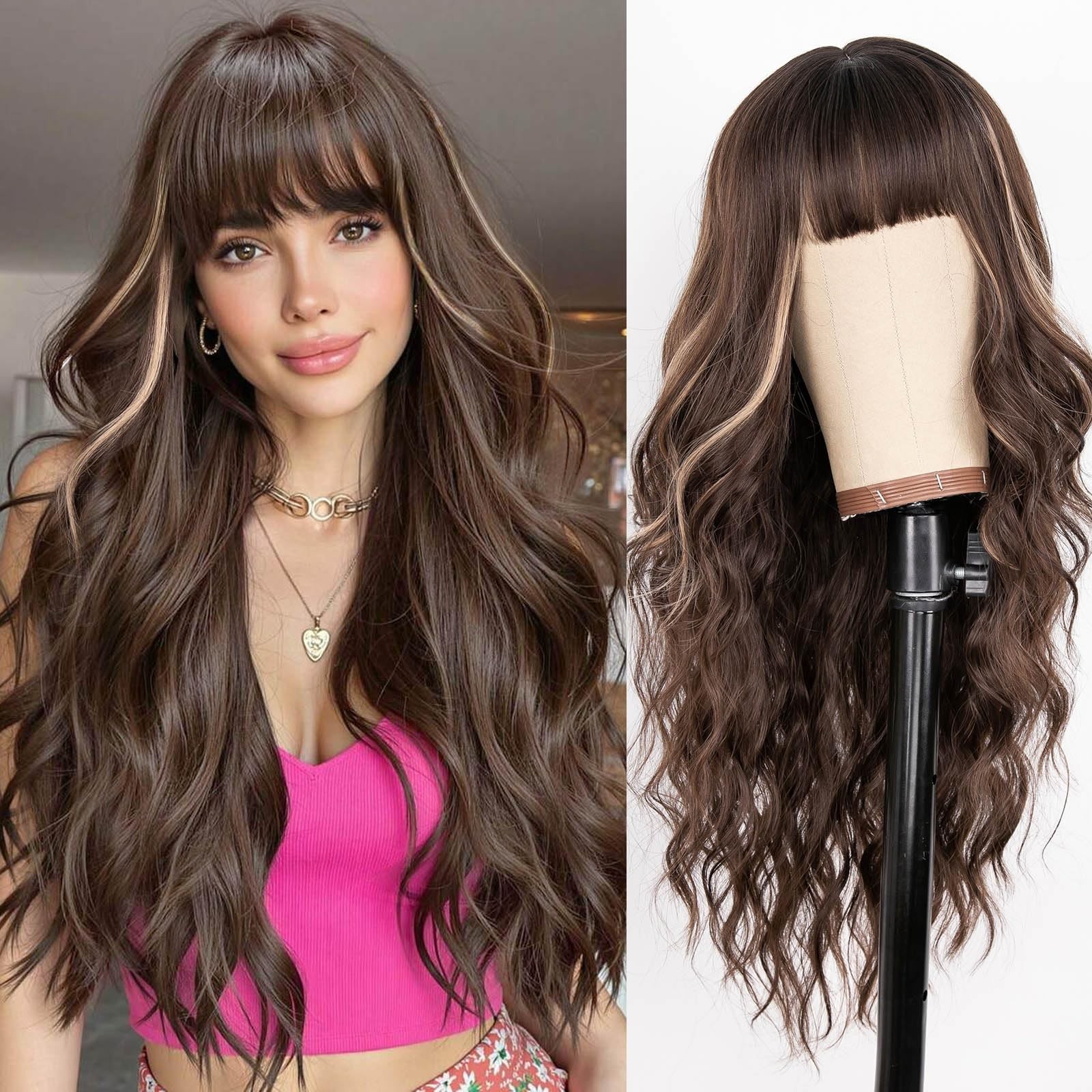 AISI Beginner Ombre Brown Wig w/ Bangs Blonde Highlights Synthetic Long Wavy